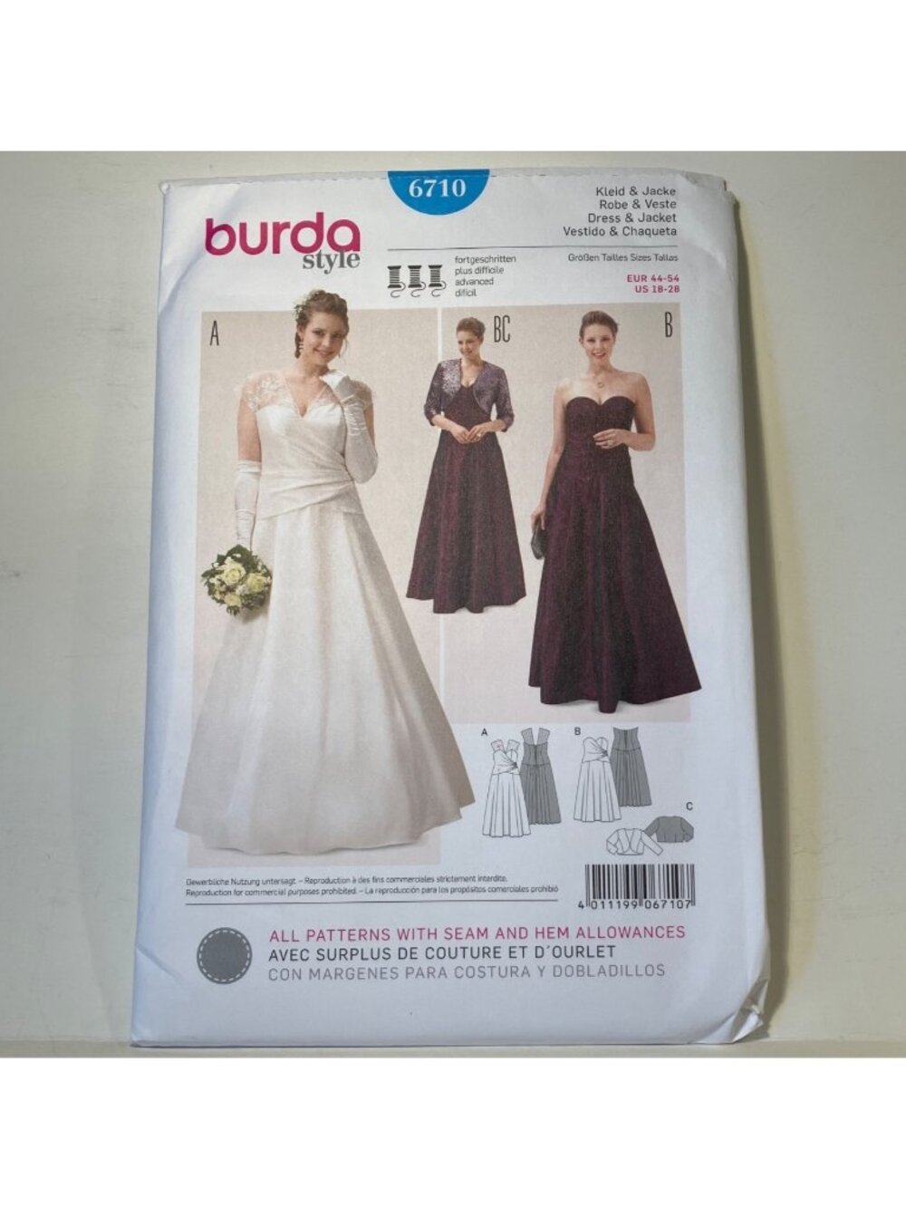 Burda 6710 Sz 18-28 Formal Strapless Dress Bolero Jacket Lace Up Back Pattern FF